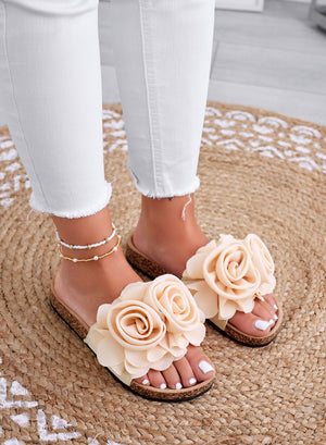 SUMMER - Beige slide sandals with applied flowers