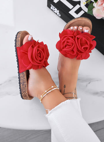 SUMMER - Red slide sandals with applied flowers