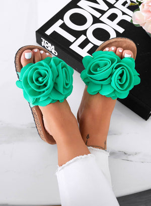 SUMMER - Green slide sandals with applied flowers