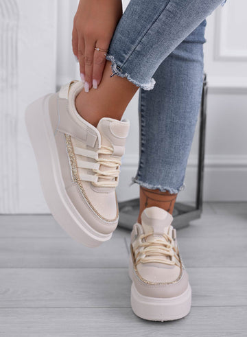 SUSAN - Beige sneakers with gold rhinestone band