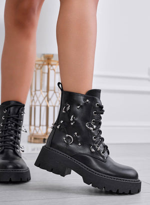 TAMARA - Black biker ankle boots with silver embellishments