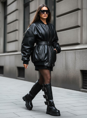 TANGERI - Black high boots with large buckles and platform sole