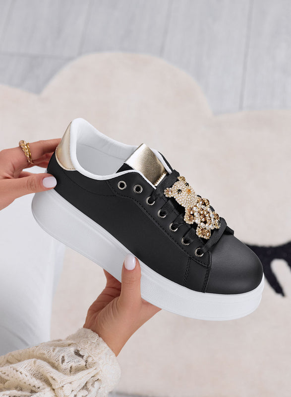 TANIA - Sneakers nere con teddy gioiello oro