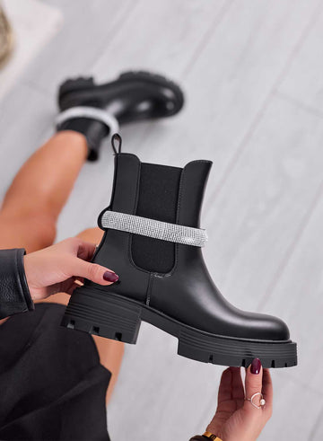 TASSIA - Black ankle boots with side elastic and rhinestone band