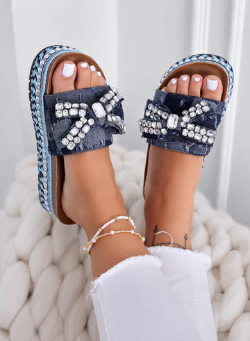 TERESA - Blue denim jeweled slide sandals