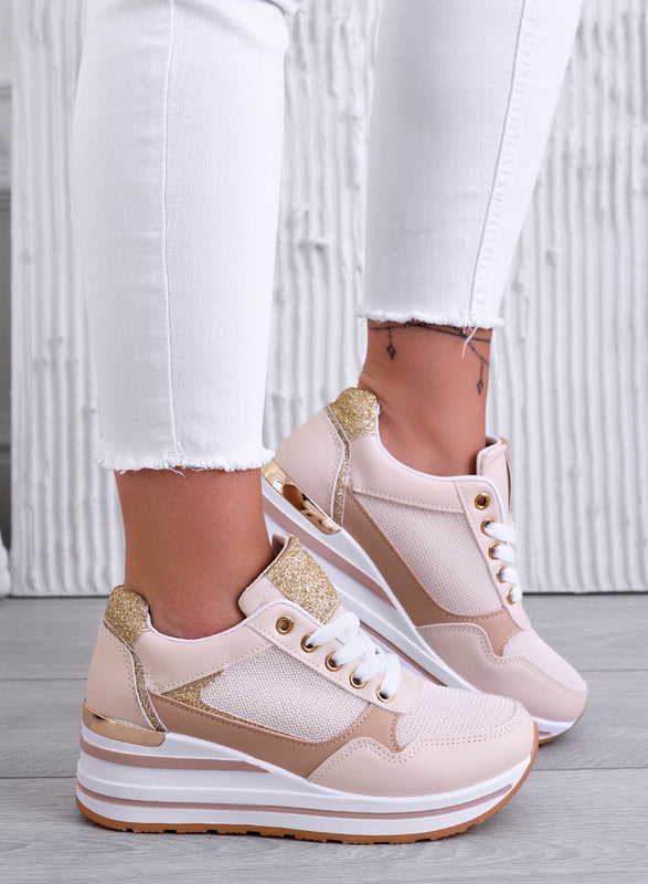 THEA - Sneakers beige con zeppa e rifiniture oro