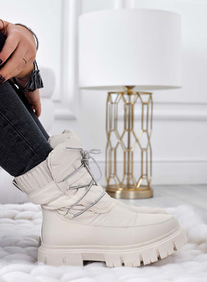 TINA - Beige padded ankle boots with rhinestone laces