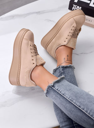 TOSCA - Sneakers Beige in Camoscio con Linguetta in Strass oro