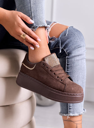 TOSCA - Sneakers Marroni in Camoscio con Linguetta in Strass oro