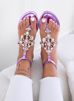 TRINITY - Low jewel thong sandals in metallic purple
