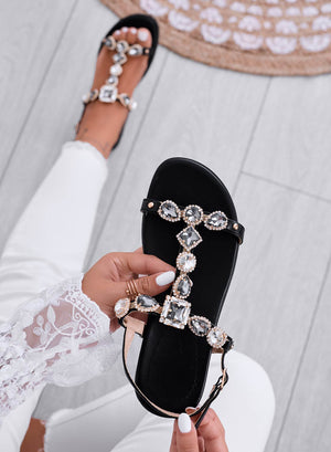TUNDRA - Black flat sandals with jeweled stones