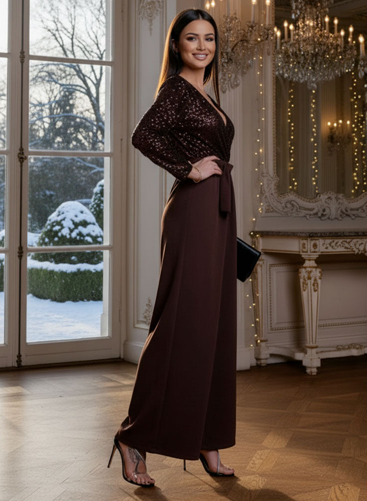 Combinaison longue marron avec top à paillettes