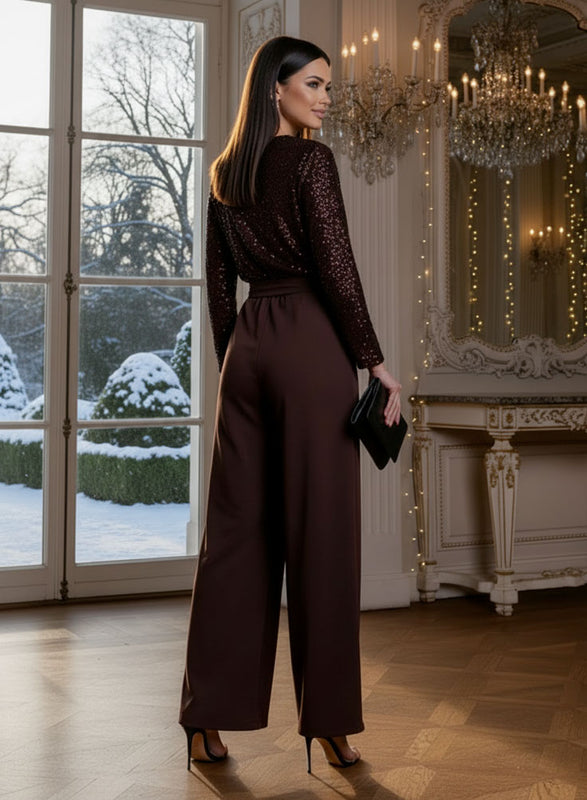 Combinaison longue marron avec top à paillettes
