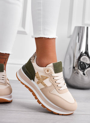 TYLER - Beige sneakers with green inserts and gold glitter