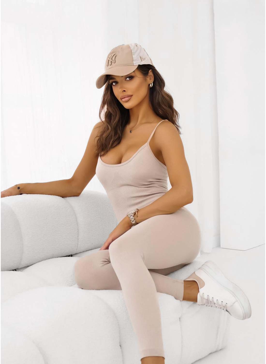 Beige fitted sports jumpsuit