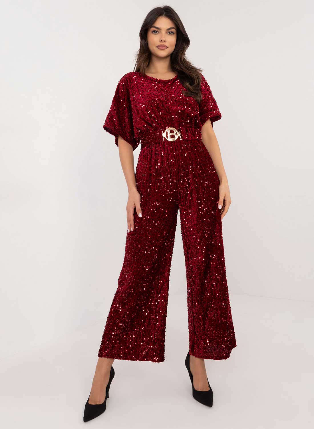 Tuta bordeaux in paillettes con cintura in vita