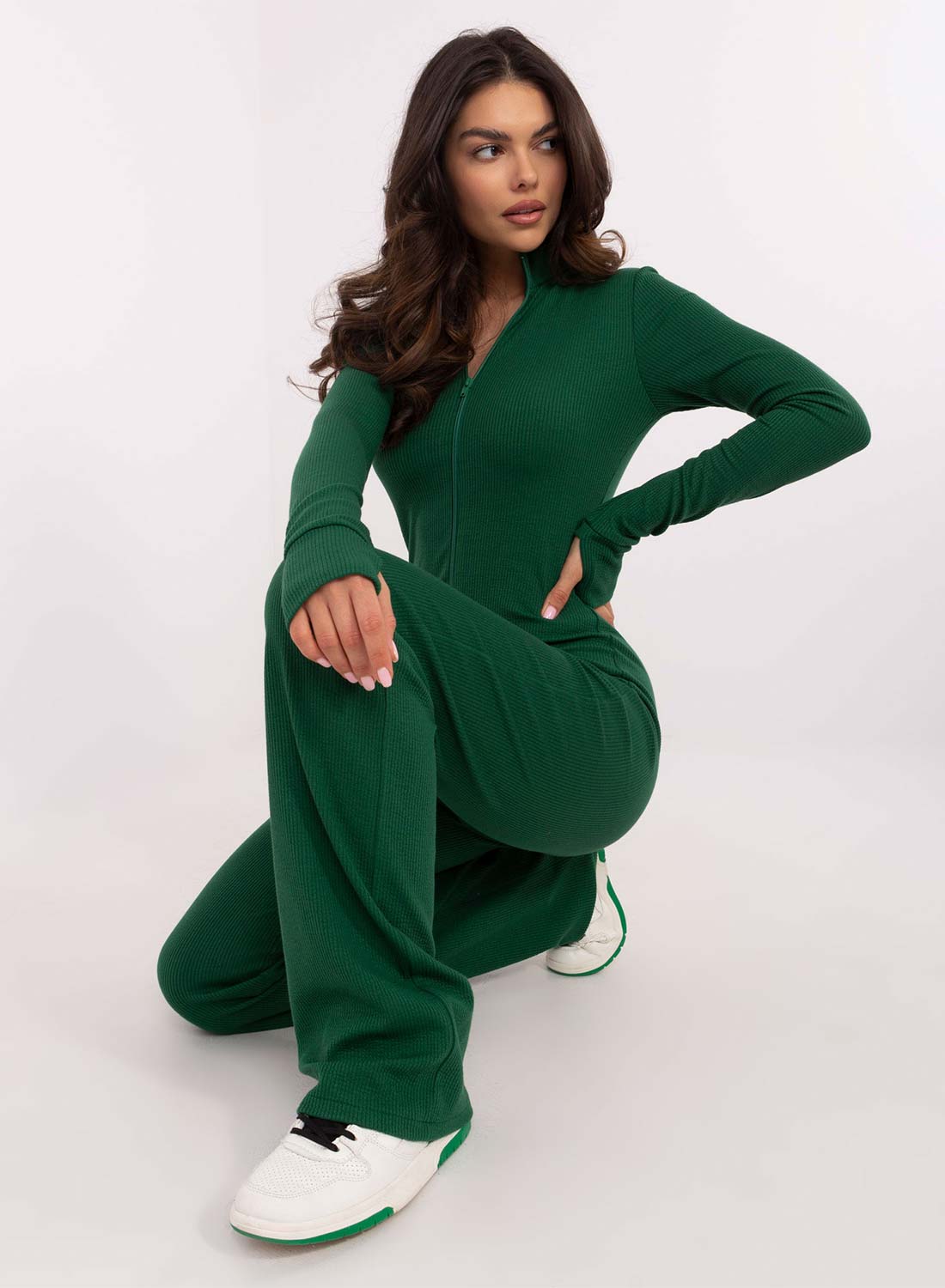 Green ribbed jumpsuit with zip