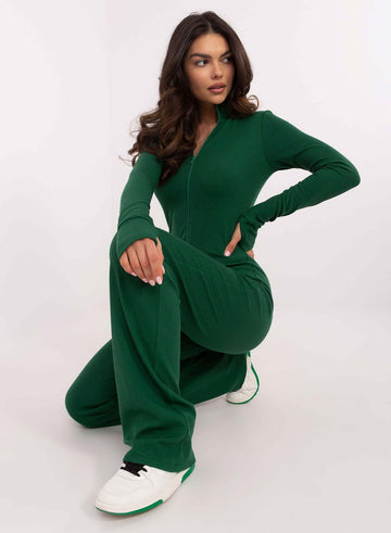 Green ribbed jumpsuit with zip