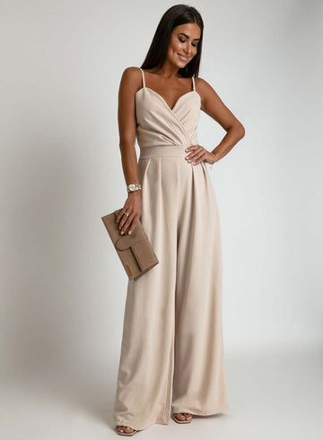 Beige long jumpsuit with suspenders