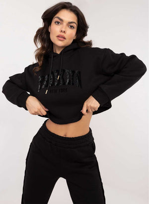 Black two-piece fleece tracksuit with "Brooklyn" print