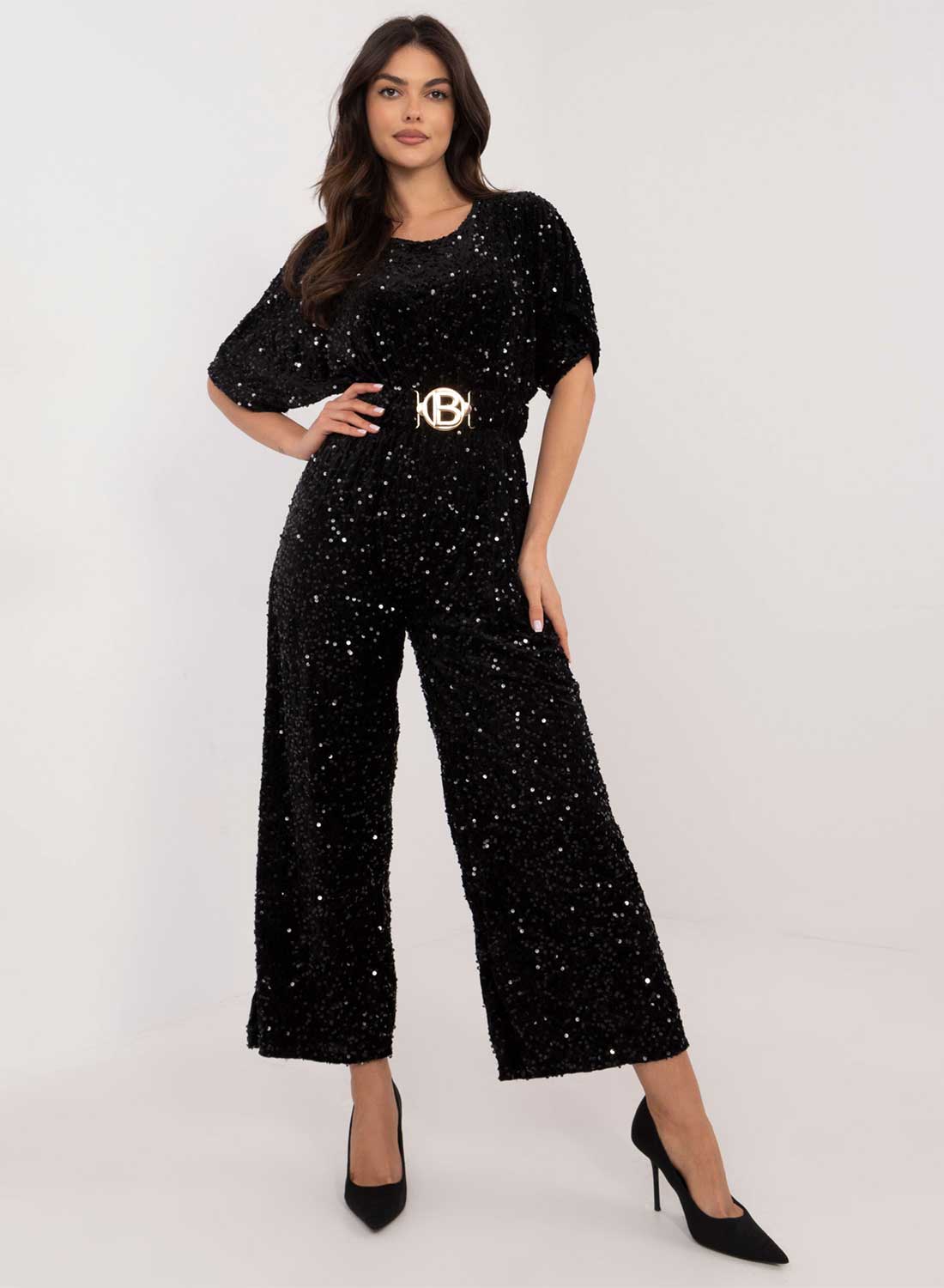 Black sequin jumpsuit with waist belt