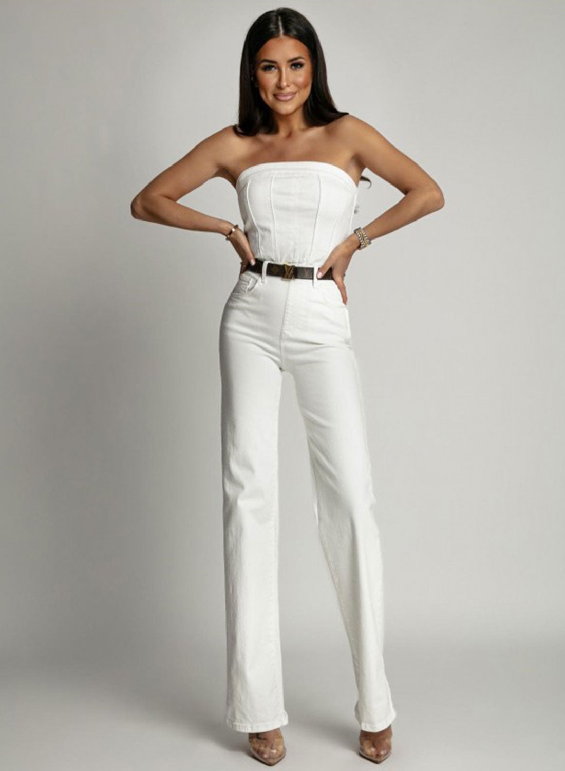 White denim jumpsuit with corset and wide-leg pants
