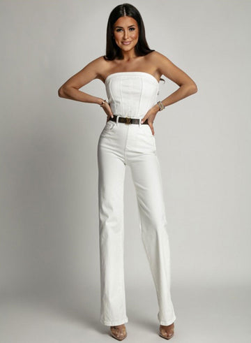 White denim jumpsuit with corset and wide-leg pants