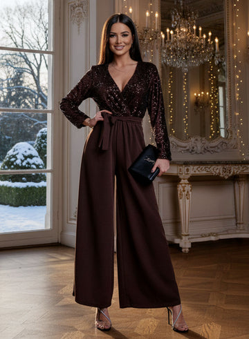 Combinaison longue marron avec top à paillettes