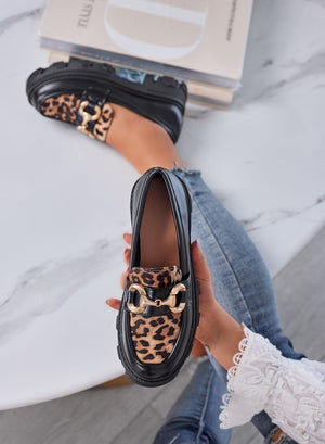 URSULA - Black women's loafers with lug sole, leopard print insert, and gold buckle