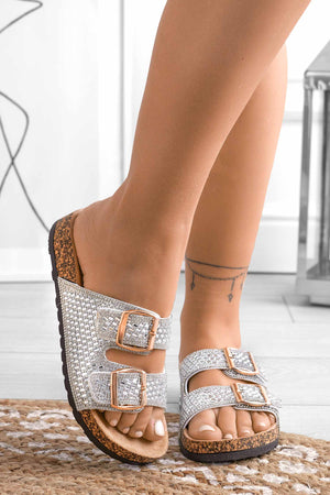 VACATION - Jewel slide sandals with silver cork-effect sole Alexoo