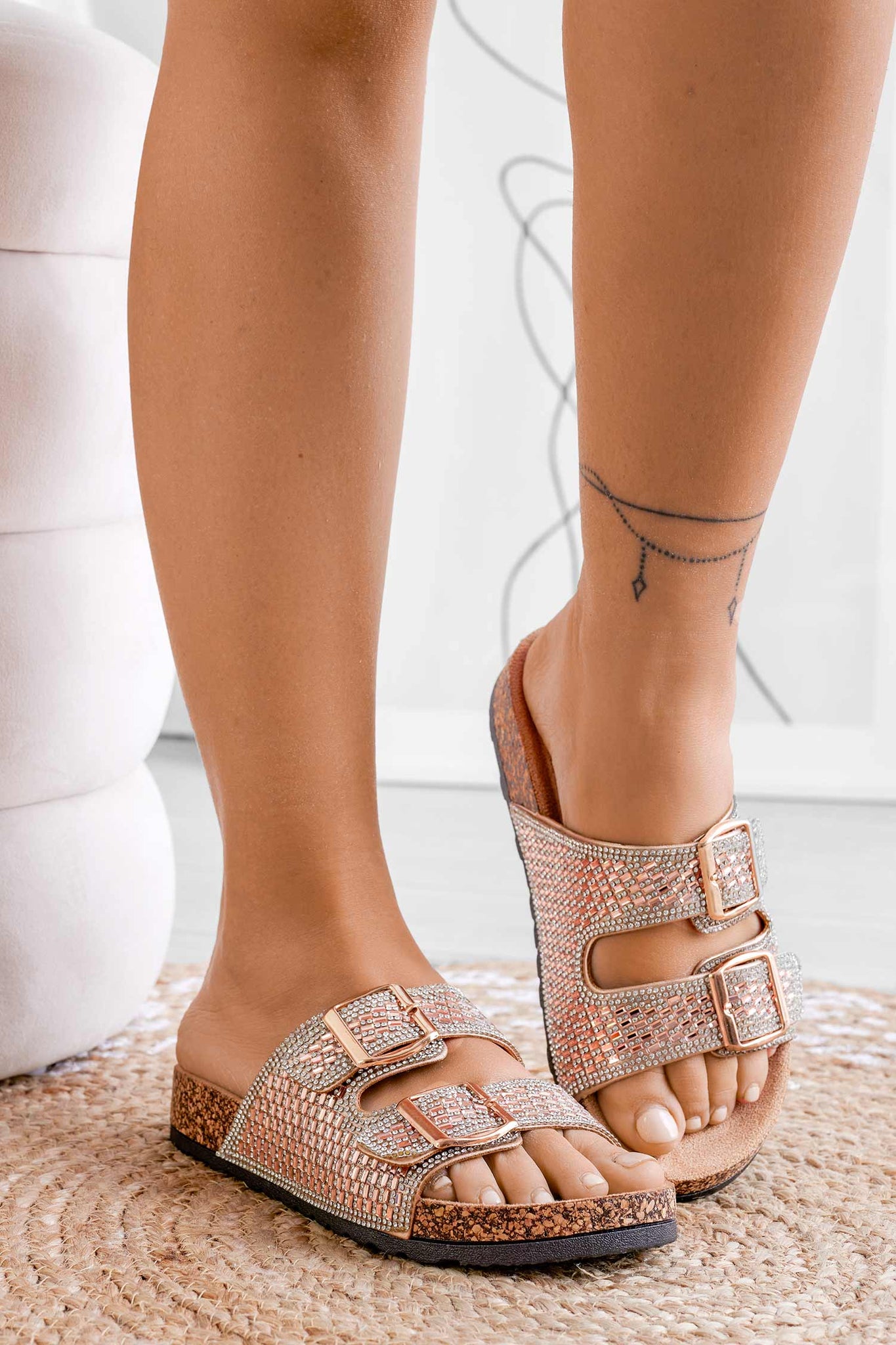 VACATION - Jewel slide sandals with cork-effect sole in champagne by Alexoo