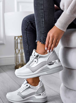 White sneakers with silver inserts