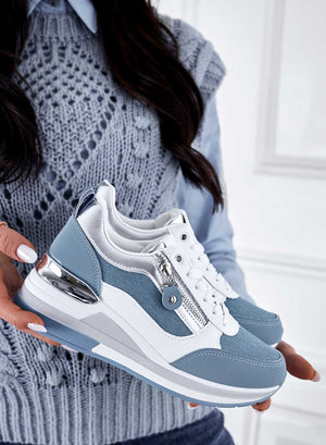 White sneakers with blue denim inserts