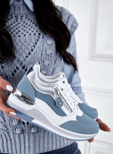White sneakers with blue denim inserts