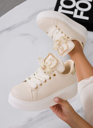 VALENTINA - Beige platform sneakers with number 5 and pearl detail