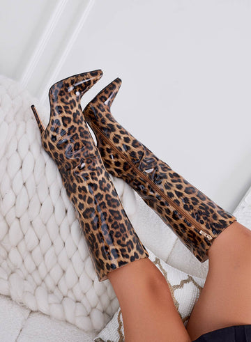 Leopard-print patent boots with high stiletto heel