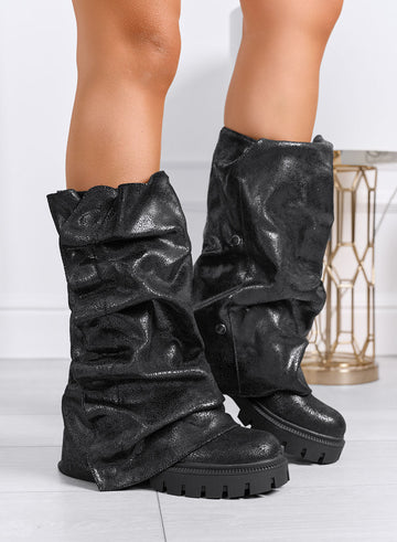 VALLEY - Black glossy-effect boots with removable ruched shaft