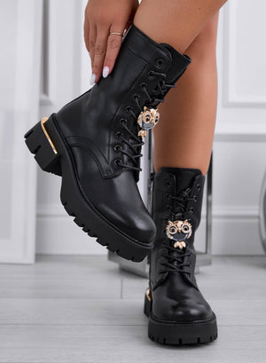 VANIA - Black combat ankle boots with gold owl embellishment