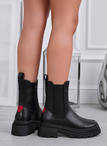 VARYS - Black ankle boots with side elastic and red heart