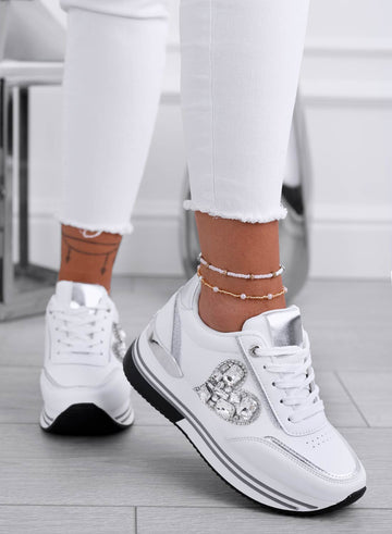 VENERE - White sneakers with silver jewel heart