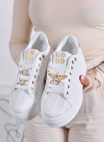 VENERE - White Woven Sneakers with Jewel Bee Applications