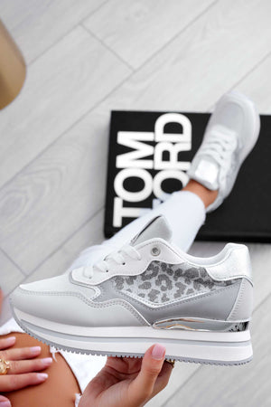 Gray sneakers with animal print inserts