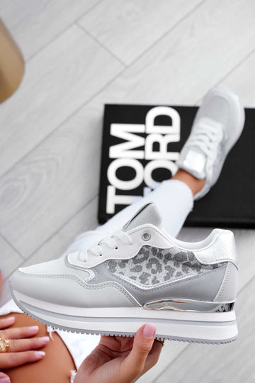 Gray sneakers with animal print inserts