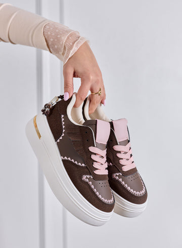 VERONICA - Brown Platform Sneakers with Pink Contrast Stitching