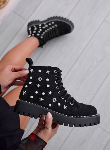 VERONIKA - Black combat ankle boots with pearls and star studs
