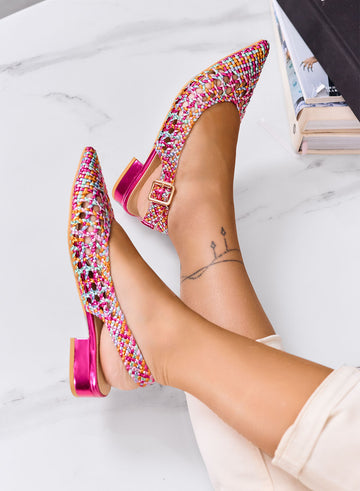 VILDAN - Ballerine slingback multicolor intrecciate con tacco basso fuxia