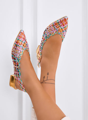 VILDAN - Ballerine slingback multicolor intrecciate con tacco basso oro