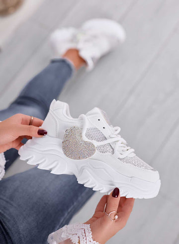 VINNY - White sneakers with rhinestone heart charm