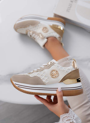 WALKER - Women's taupe sneakers with gold details and mesh texture