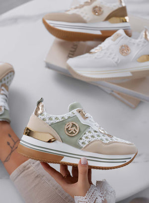 WALKER - Women's green sneakers with gold details and mesh texture